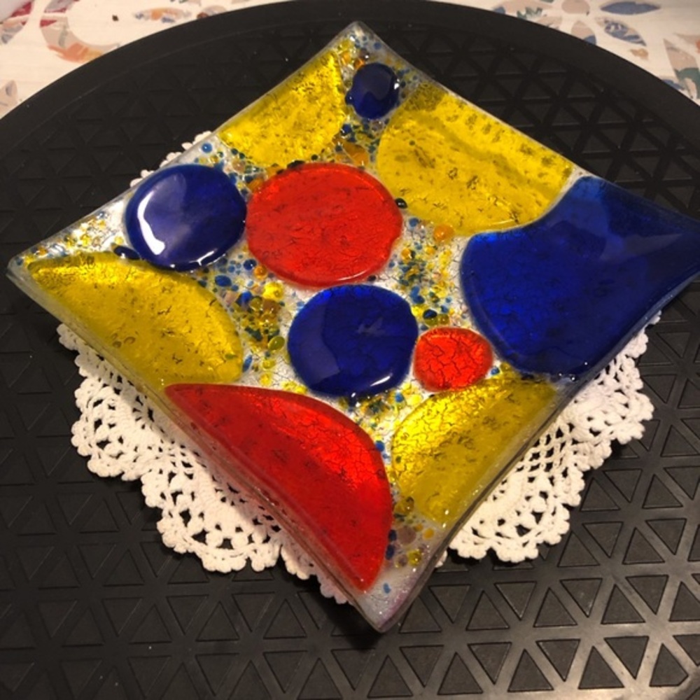 Confetti and Circles Fused Art Glass Square Trinket Dish 5 1/2” Square (8” Dia)